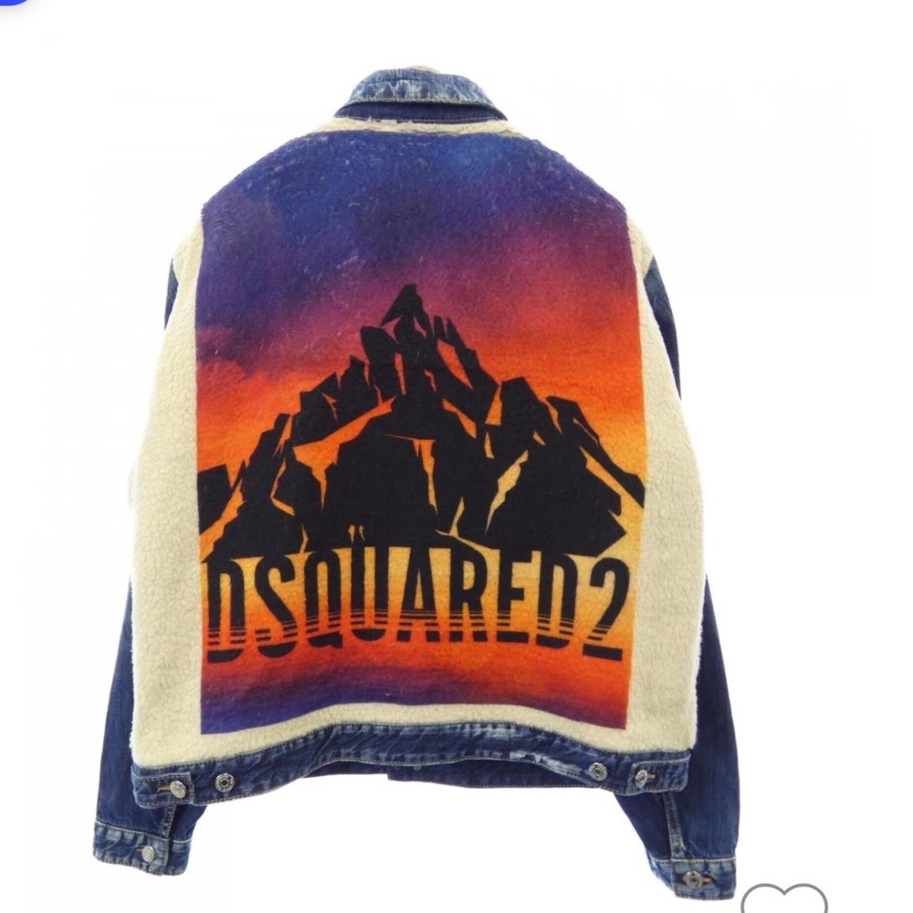 Dsquared2 Mens Large Denim Sherpa Fleece Mountain Graphic Jacket Italy Blue